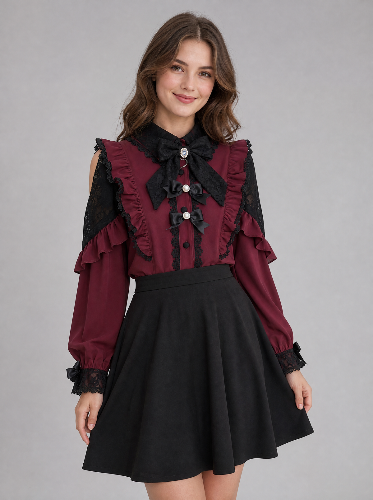 Lace Cut Out Shoulder Bow Blouse, main photo