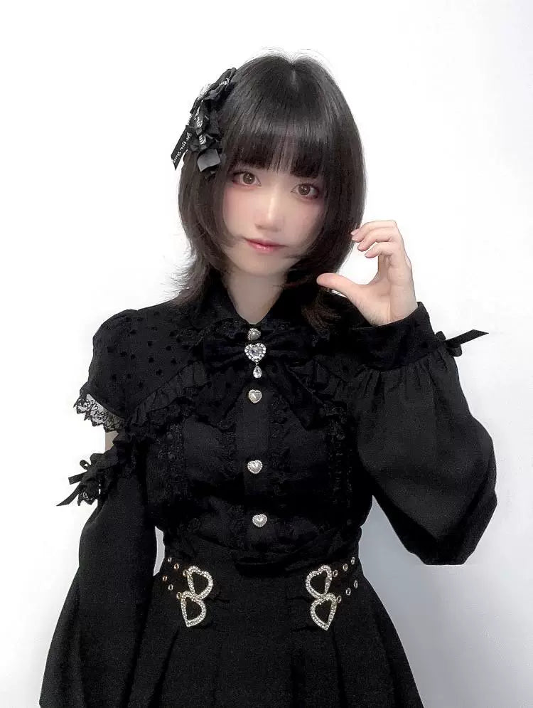 Lace Shoulder Polka Dot Bow Blouse, view 2