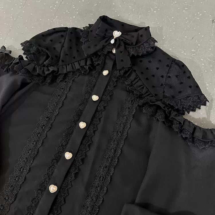 Lace Shoulder Polka Dot Bow Blouse, view 3