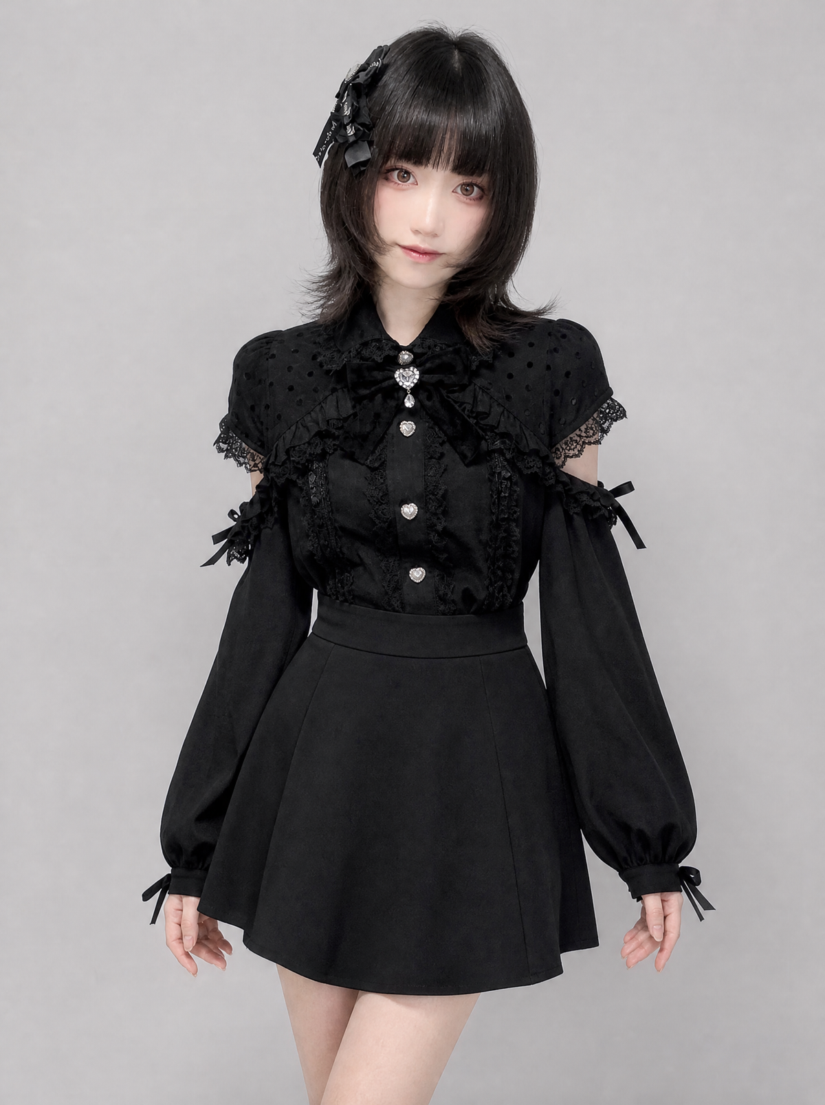 Lace Shoulder Polka Dot Bow Blouse, main photo