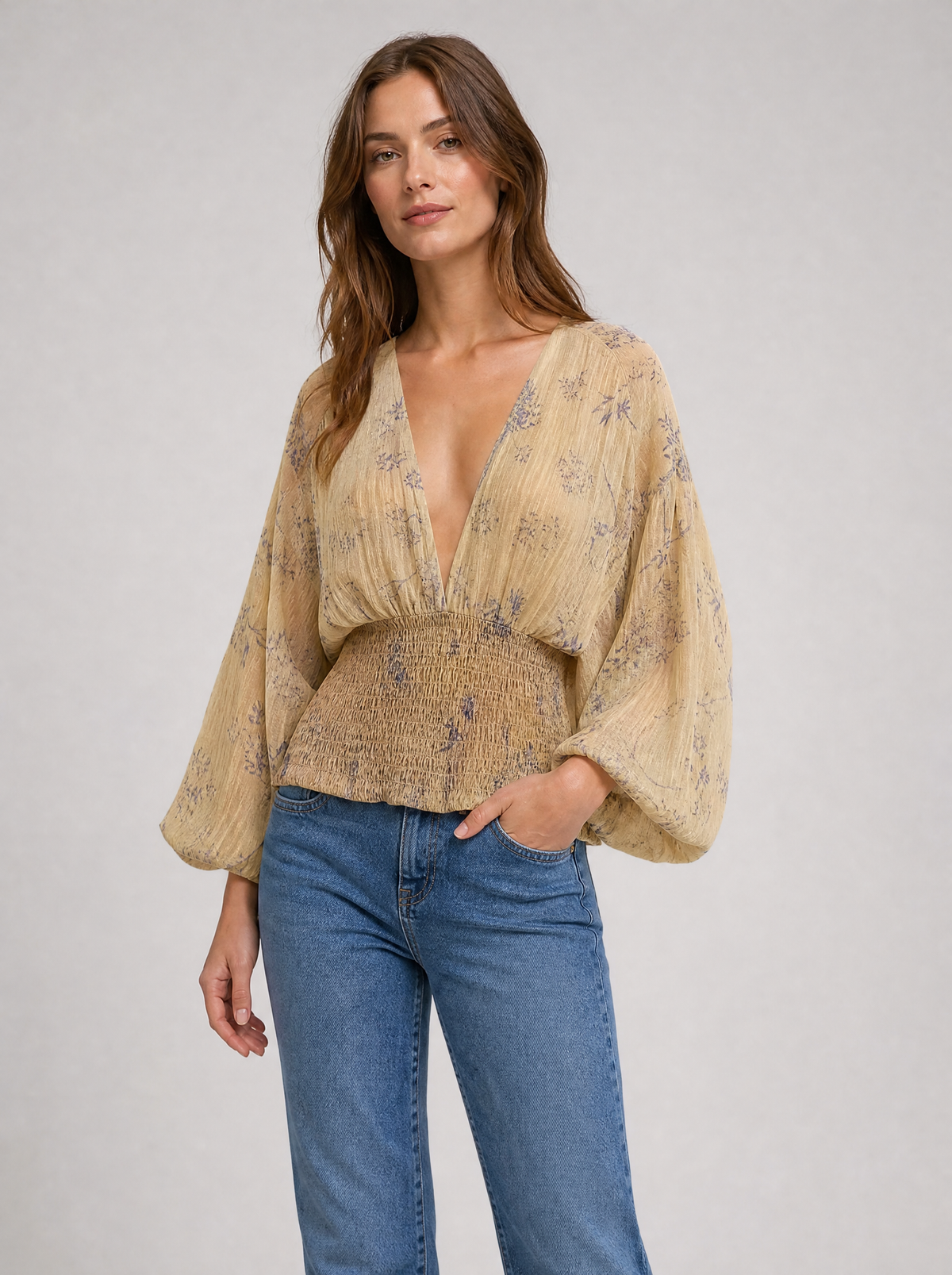 Lantern Sleeve Deep V Top, main photo