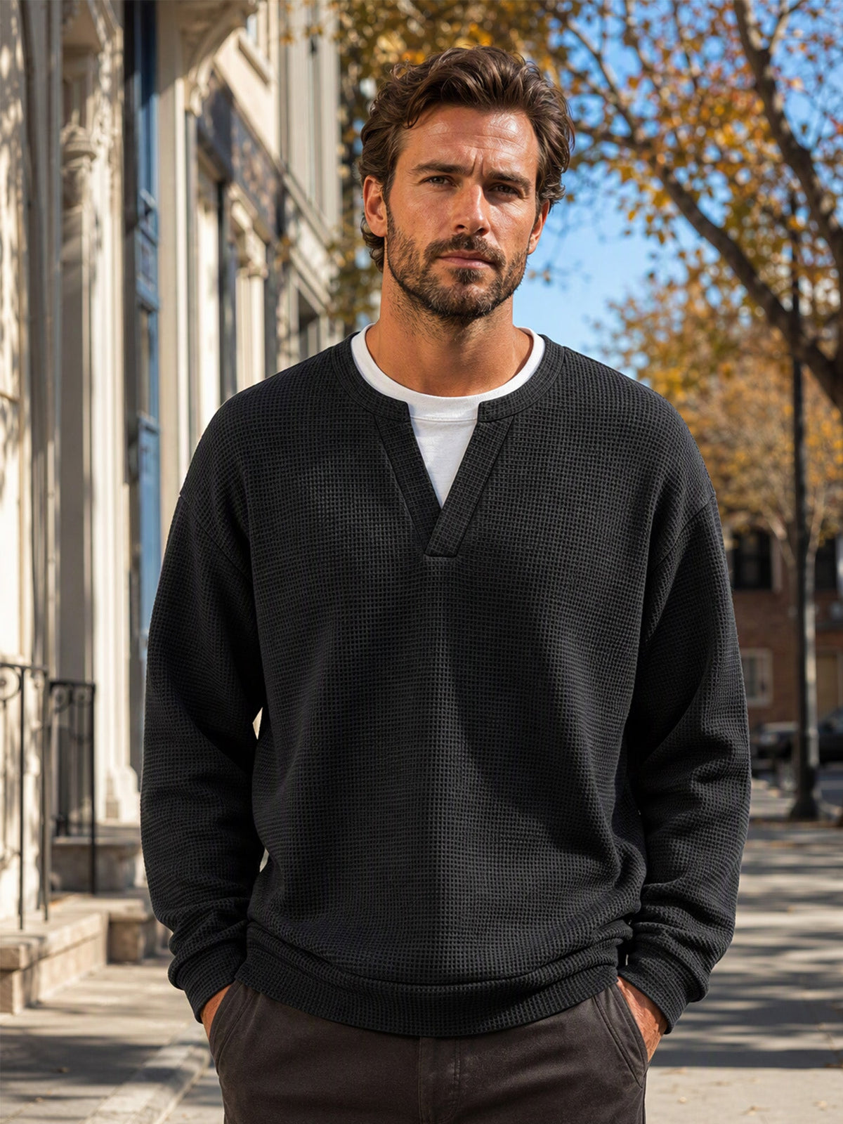 Layered Look Waffle Long Sleeve Tee, view 4