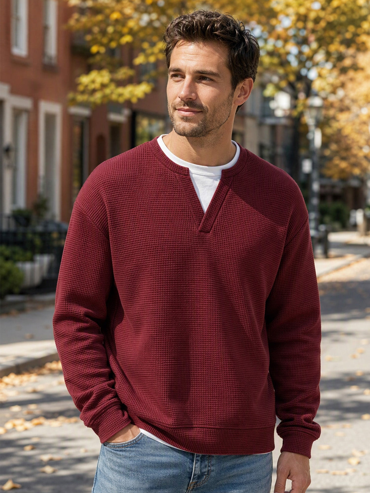 Layered Look Waffle Long Sleeve Tee, view 8