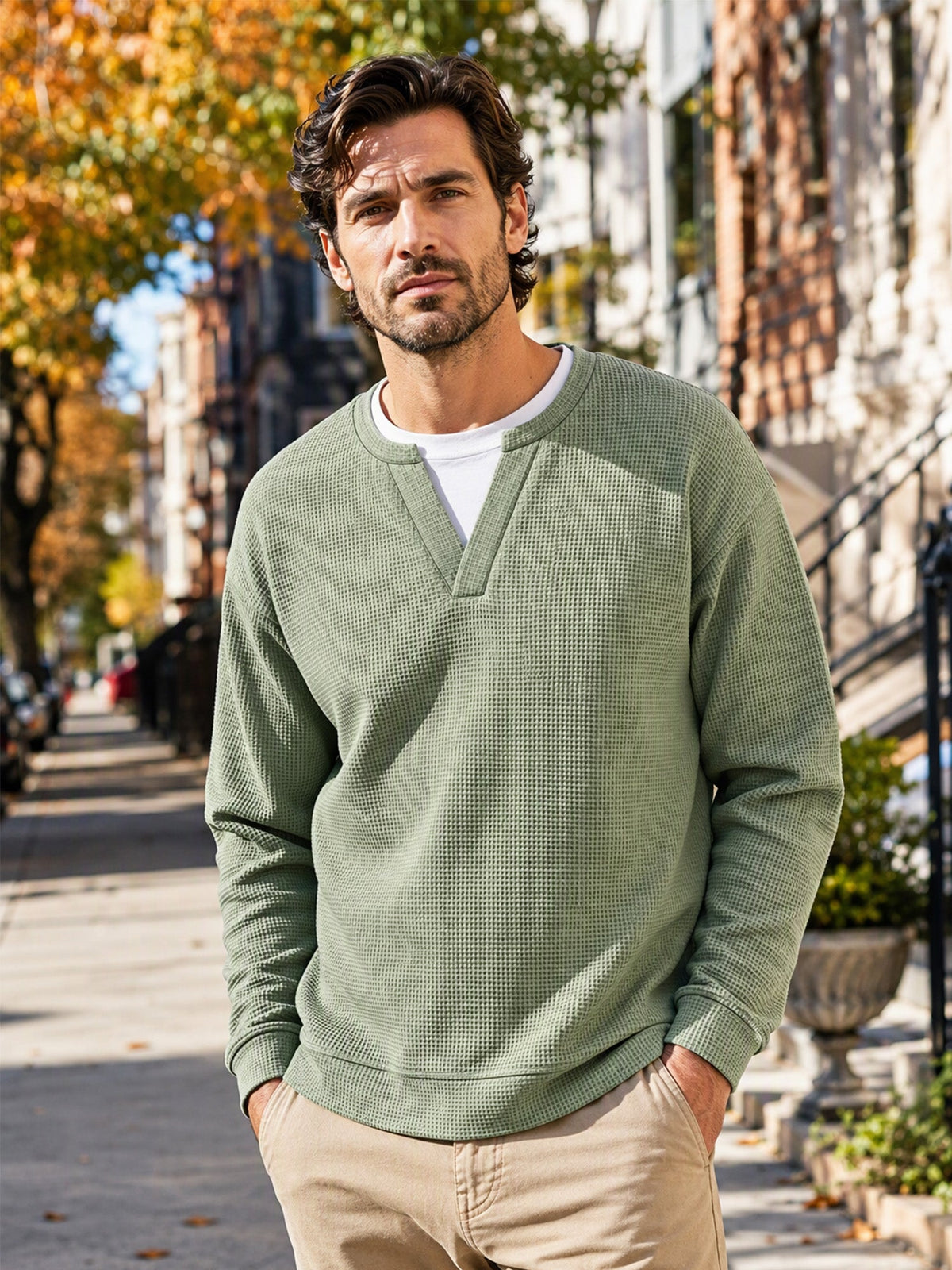 Layered Look Waffle Long Sleeve Tee, view 9