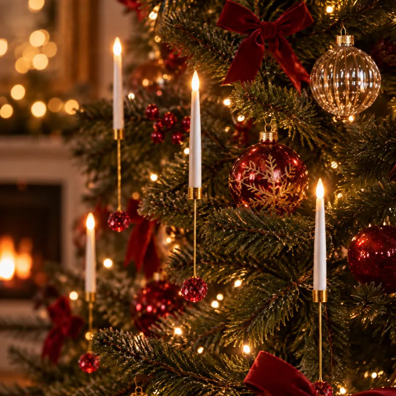 LED Christmas Tree Taper Candles, Red Crystal Ball