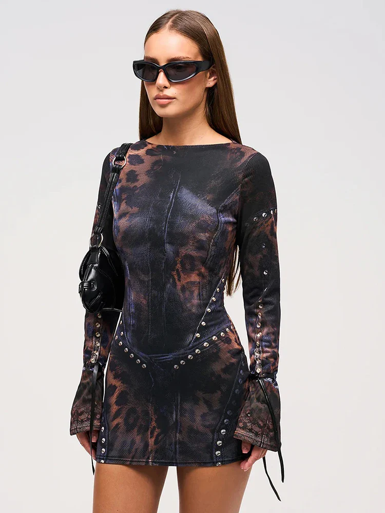 Leopard Gradient Long Sleeve Mini Dress, view 3