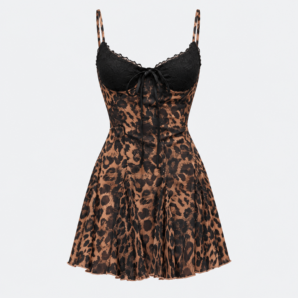 Leopard Lace Mini Dress, product photo on a light grey background