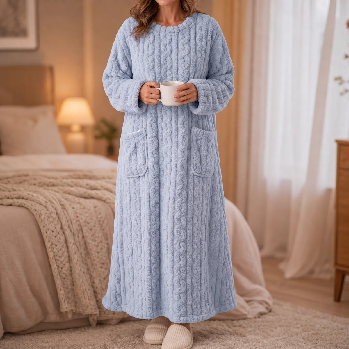 Long Plush Nightgown with Pockets, view 1