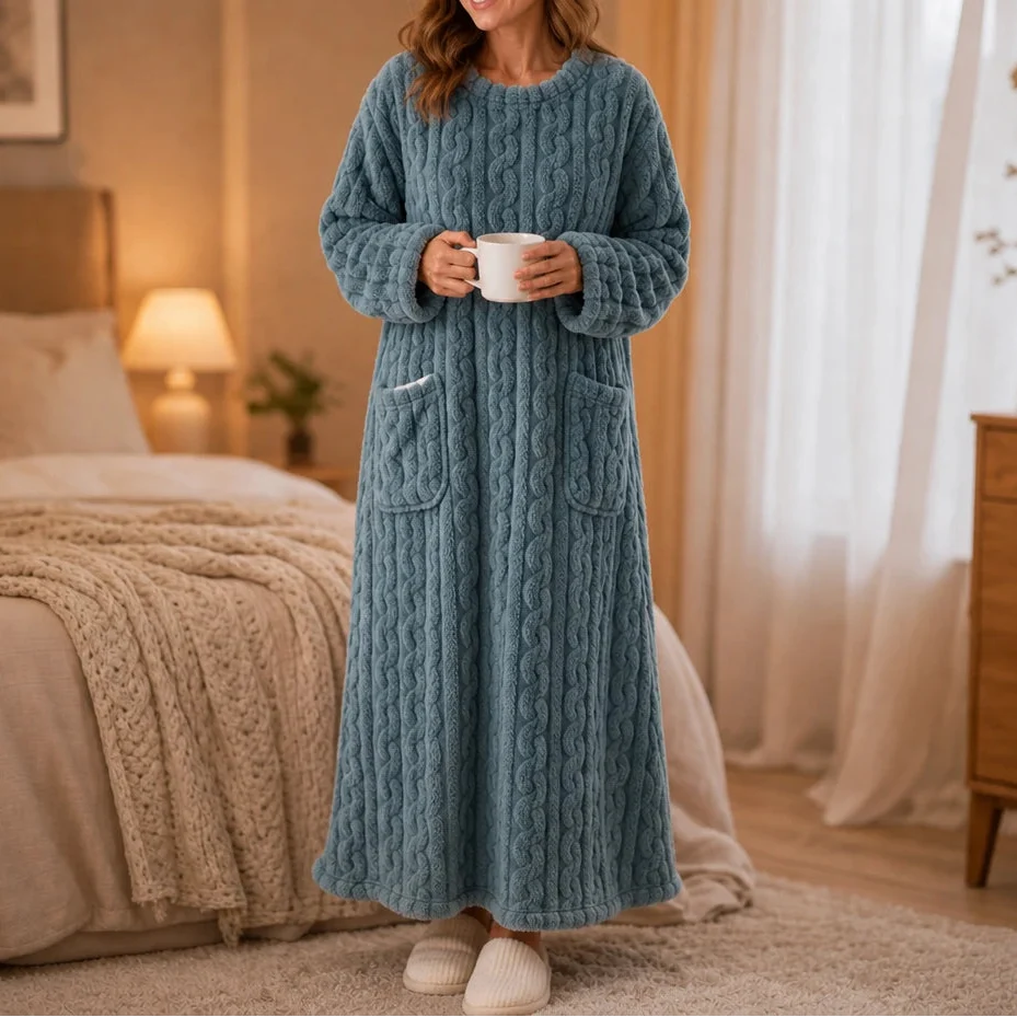 Long Plush Nightgown with Pockets, view 16