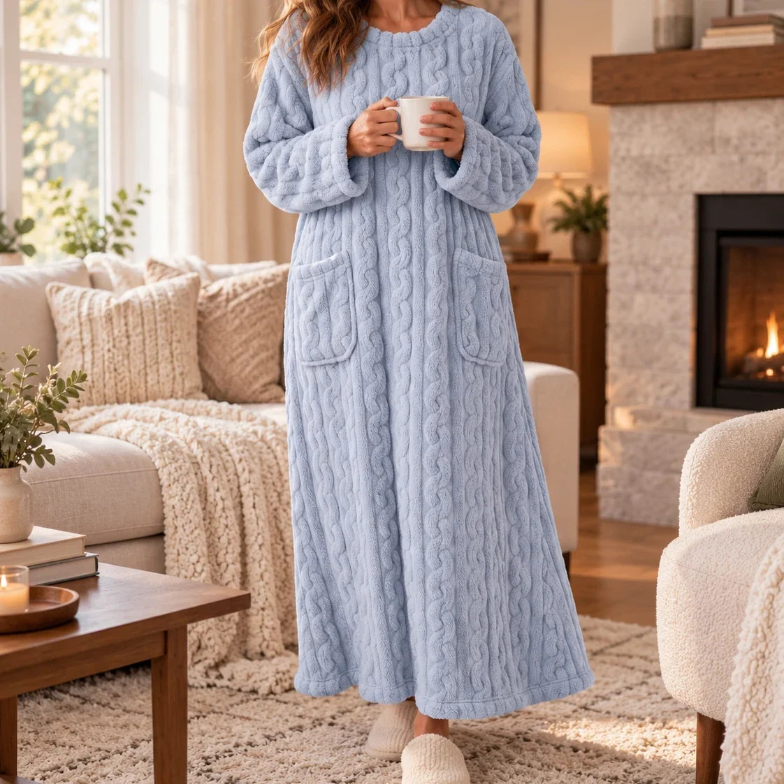 Long Plush Nightgown with Pockets, view 2