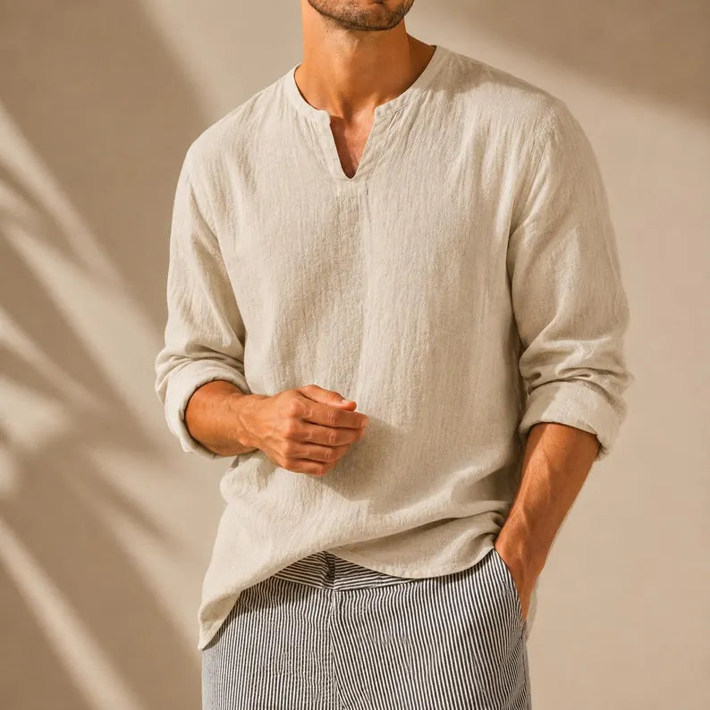 Cotton Linen V Neck Shirt in beige