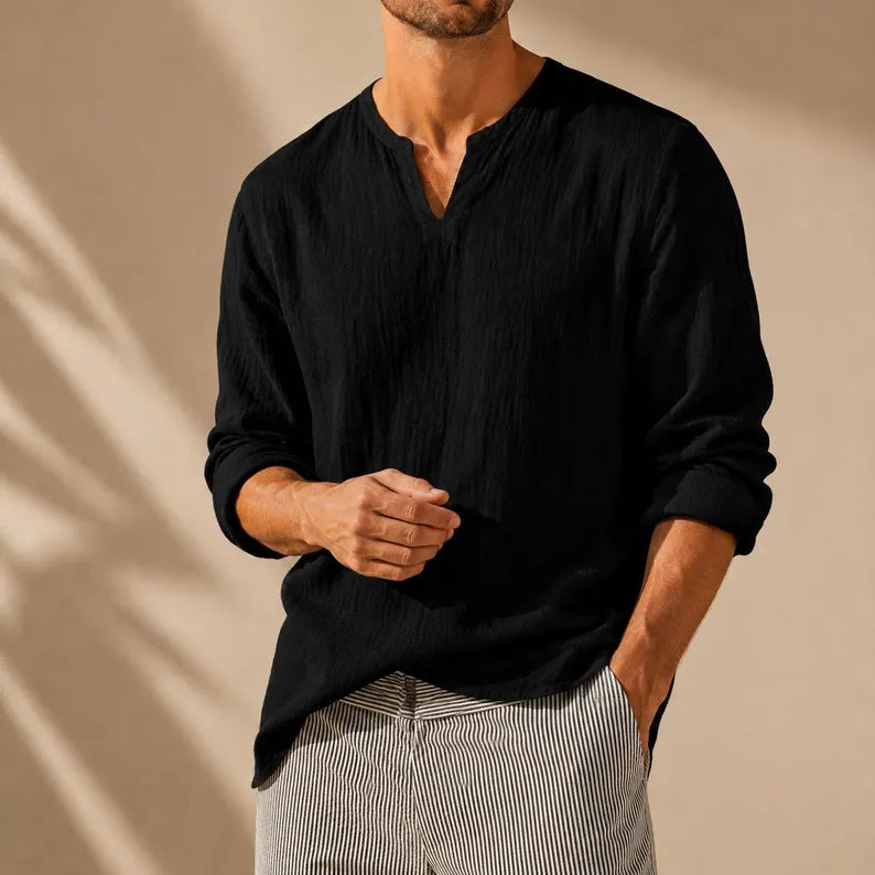 Cotton Linen V Neck Shirt in black