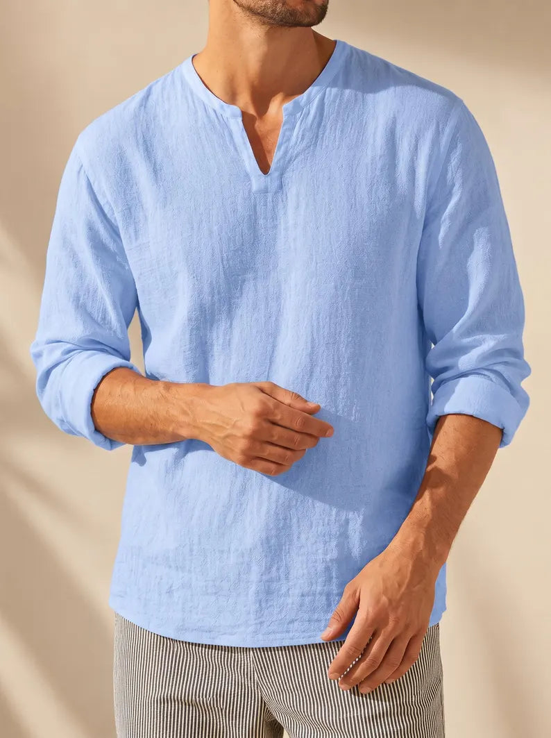 Cotton Linen V Neck Shirt in blue