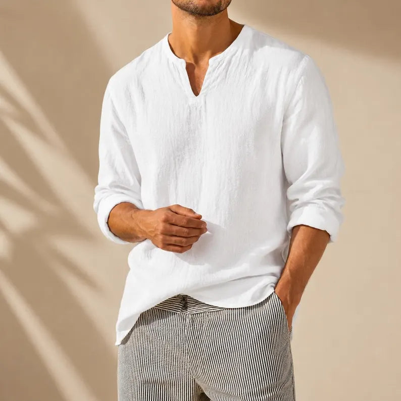 Cotton Linen V Neck Shirt in white