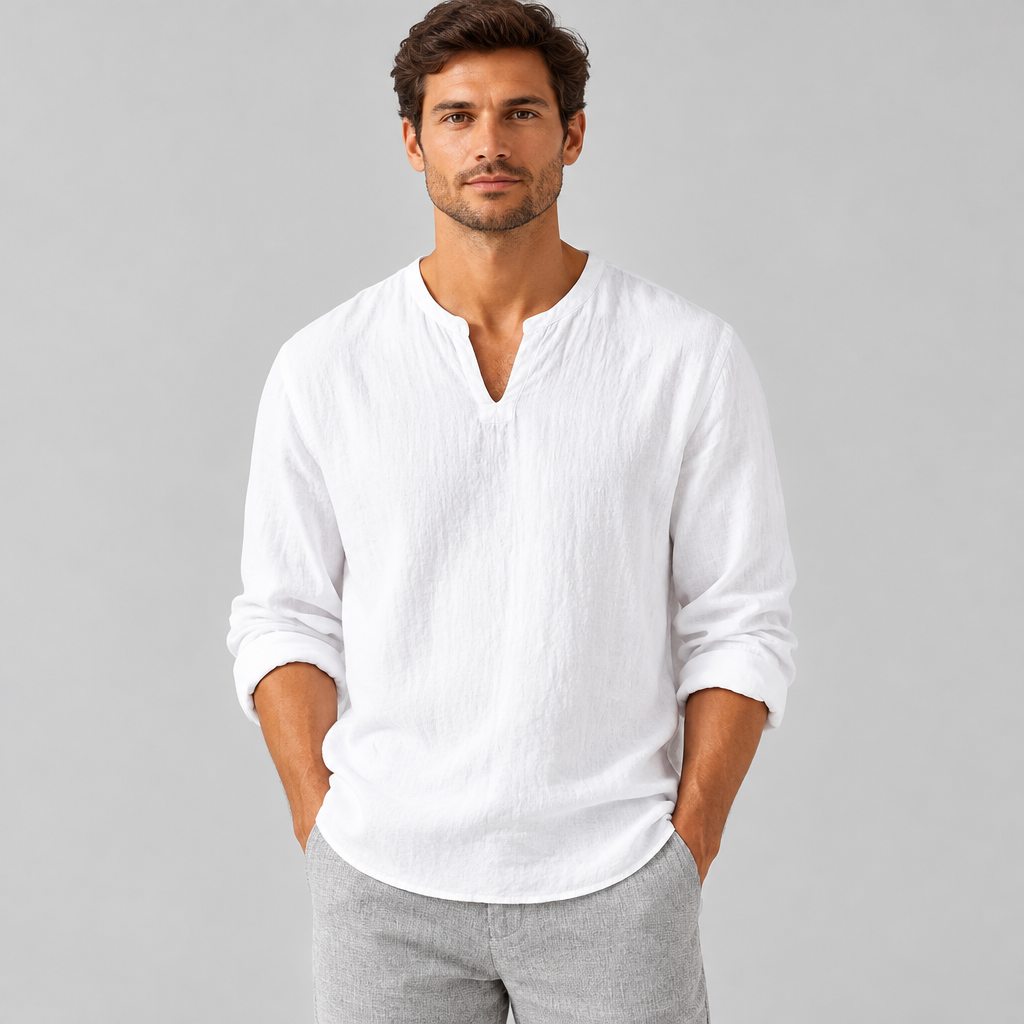 Cotton Linen V Neck Shirt, product photo on a light grey background