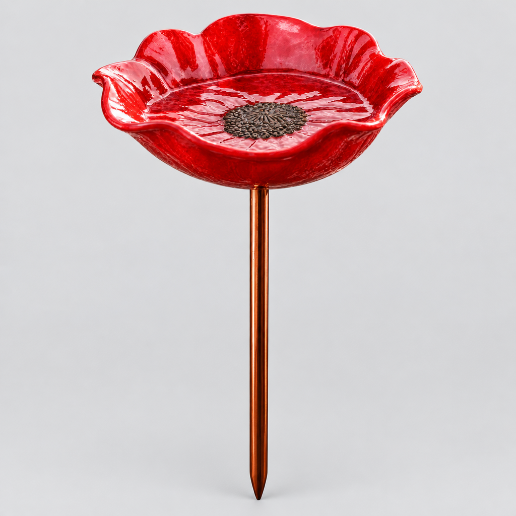 Poppy Bird Bath Stake, product photo on a light grey background