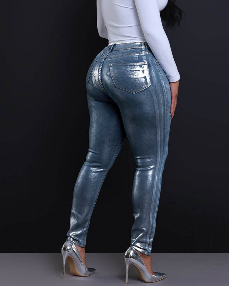 Metallic Silver Skinny Jeans, view 2