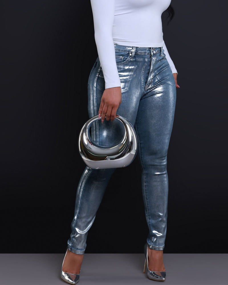 Metallic Silver Skinny Jeans, view 3