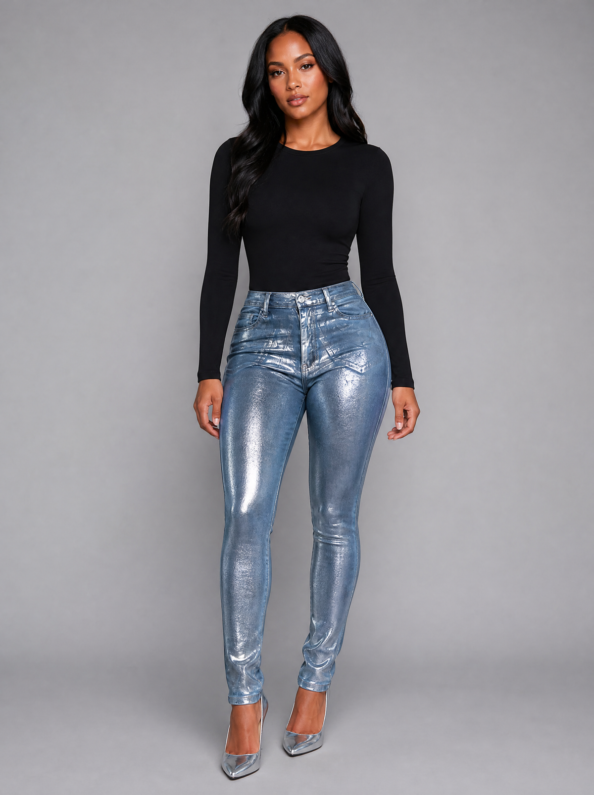 Metallic Silver Skinny Jeans, main photo