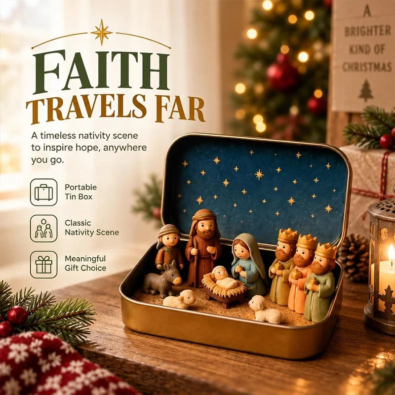 Mini Nativity Scene in a Gold Tin, view 1