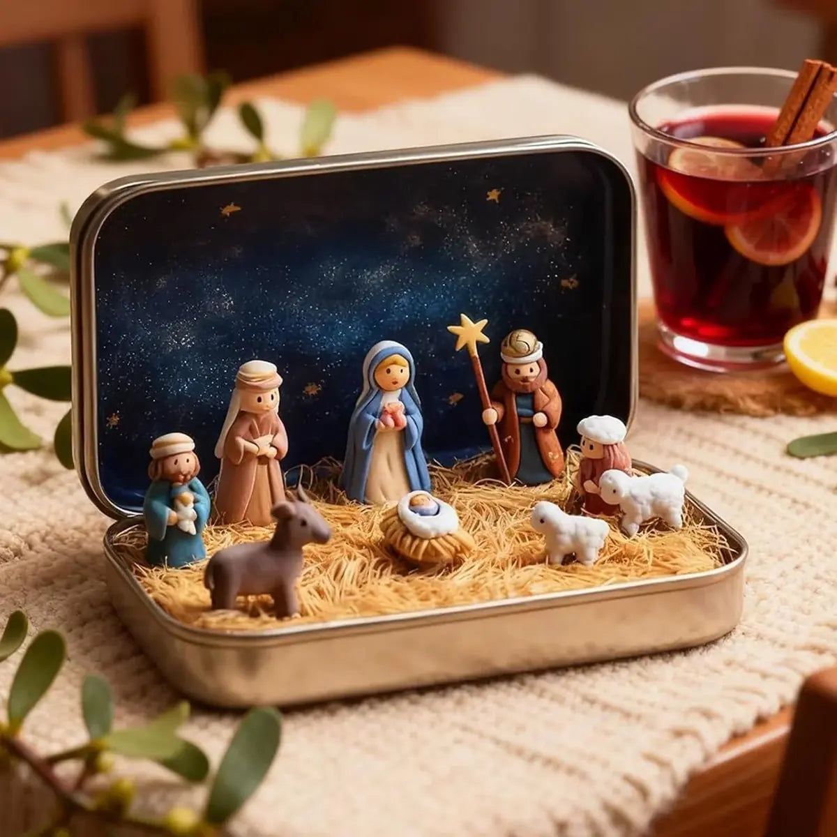 Mini Nativity Scene in a Gold Tin, view 3