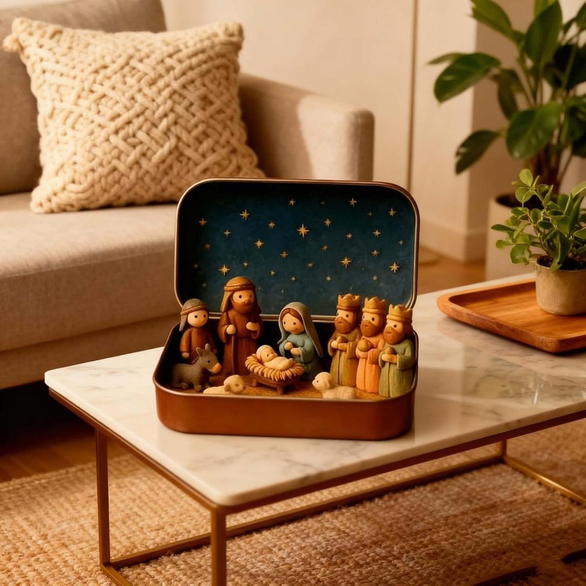 Mini Nativity Scene in a Gold Tin, view 5