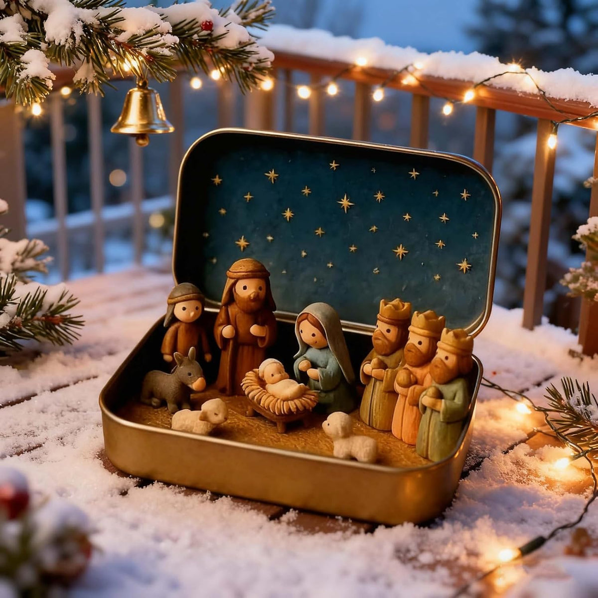 Mini Nativity Scene in a Gold Tin, view 6