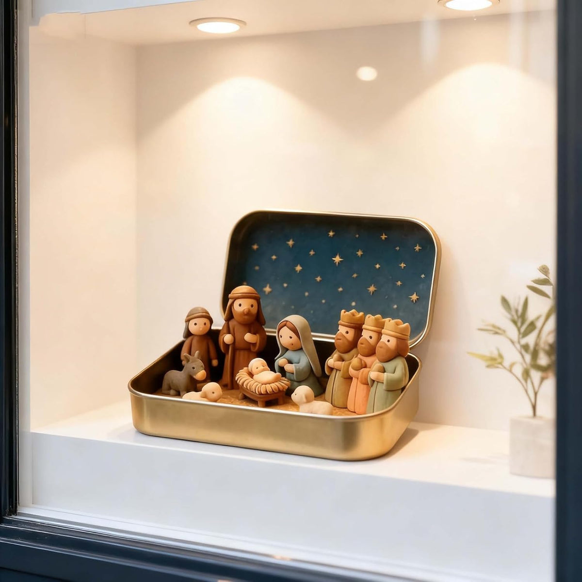 Mini Nativity Scene in a Gold Tin, view 7