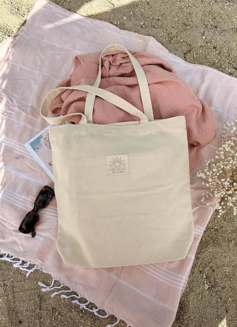 Canvas Tote Bag with Pockets in beige