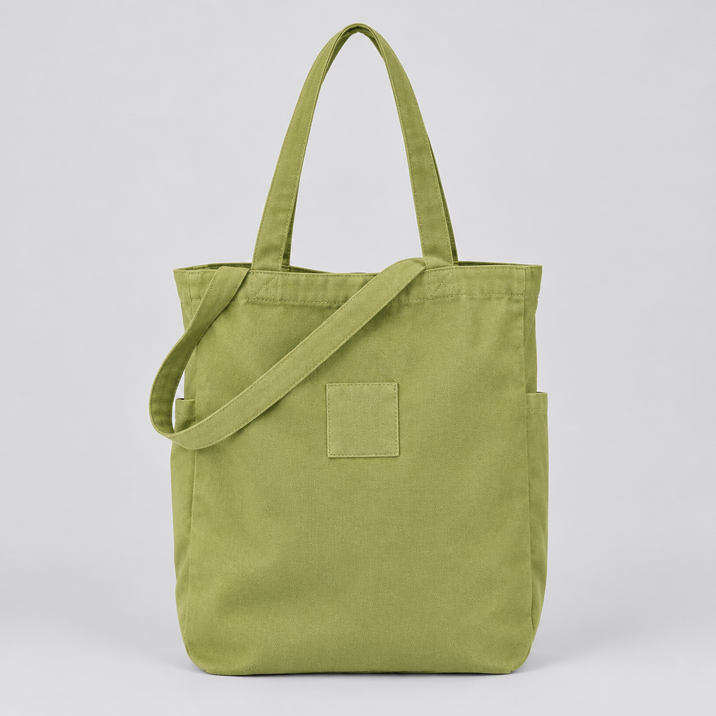 Canvas Tote Bag with Pockets, product photo on a light grey background