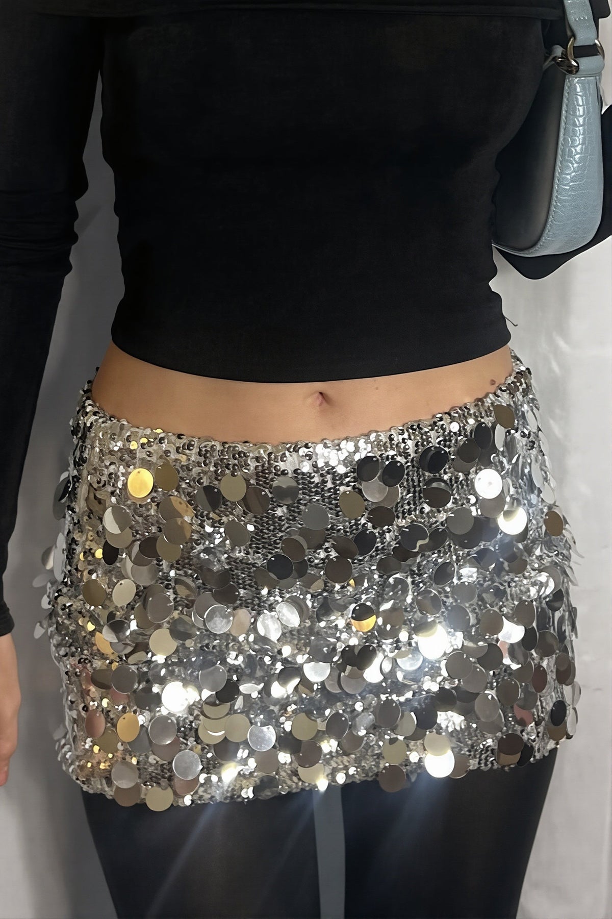 Oversized Sequin Mini Skirt, Silver