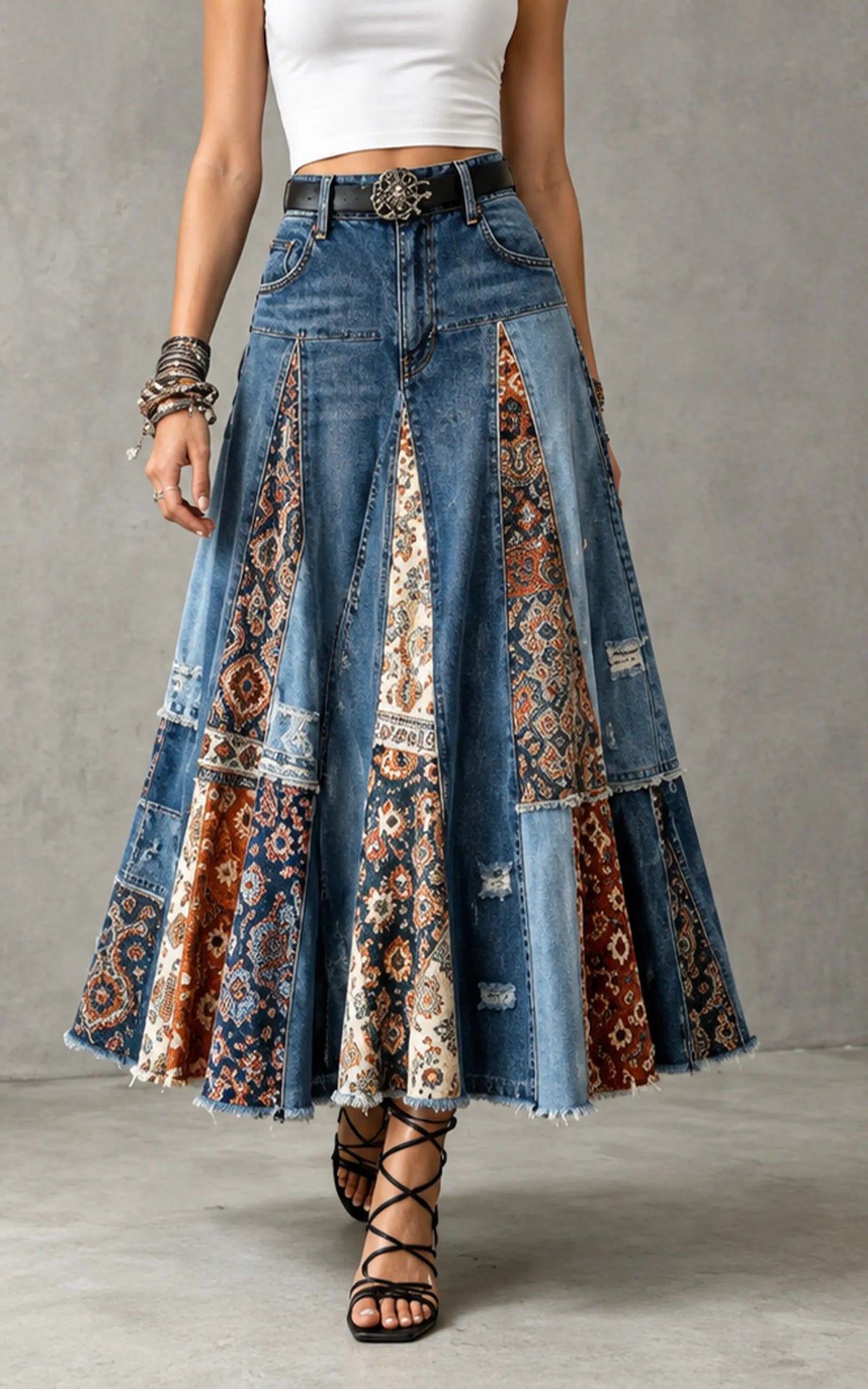 Patchwork Denim Maxi Skirt, view 1