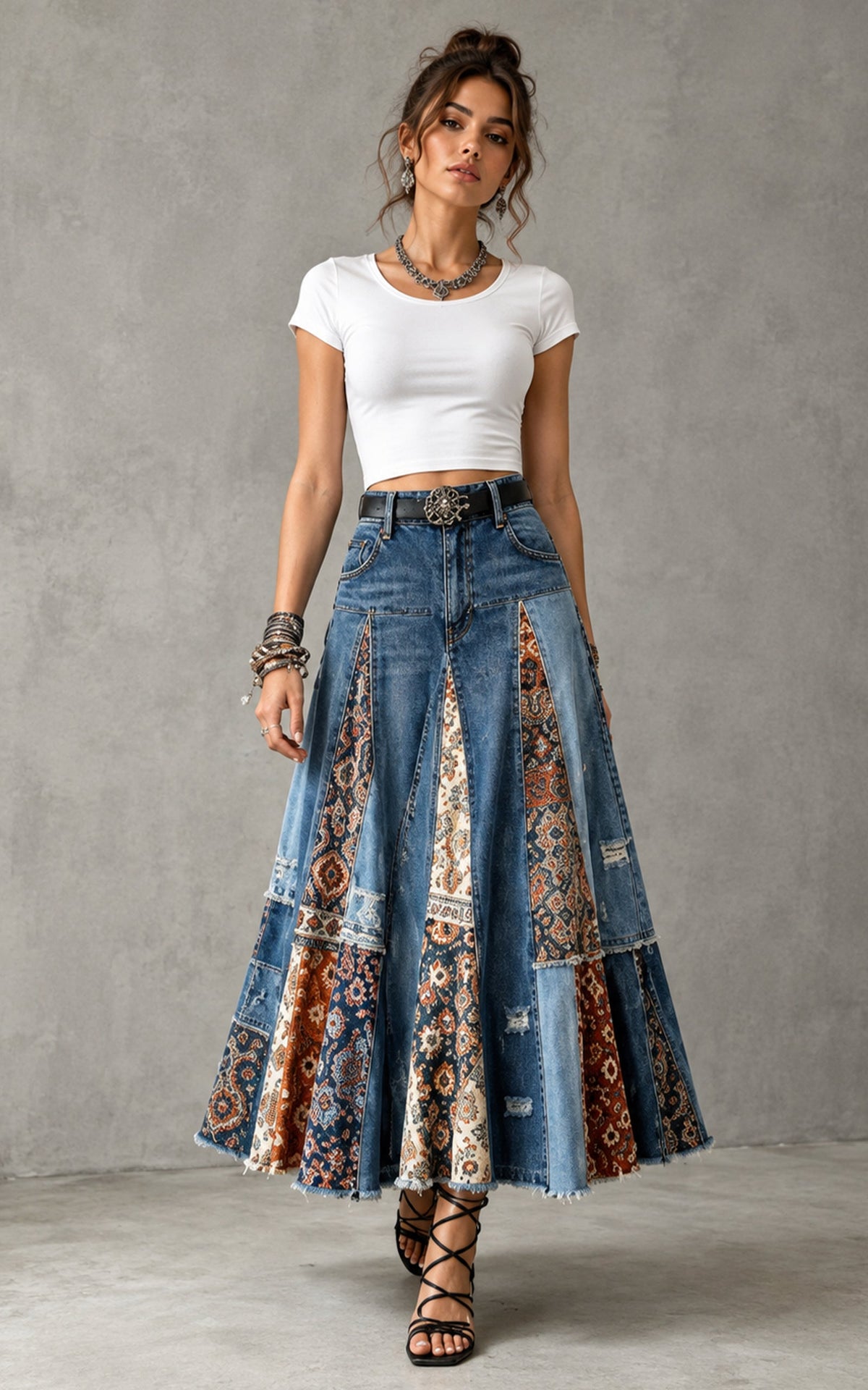 Patchwork Denim Maxi Skirt, view 2