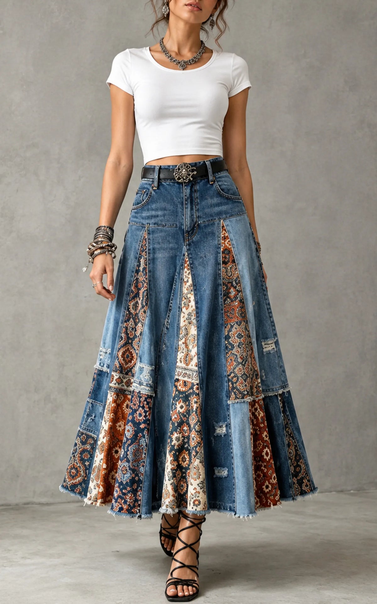 Patchwork Denim Maxi Skirt, view 3