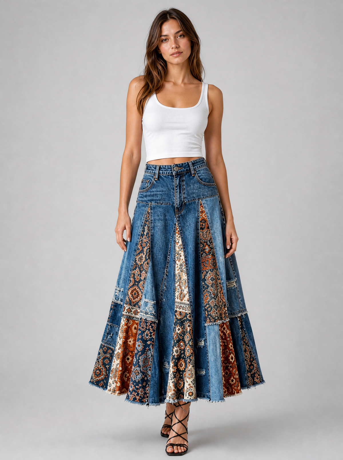 Patchwork Denim Maxi Skirt, main photo