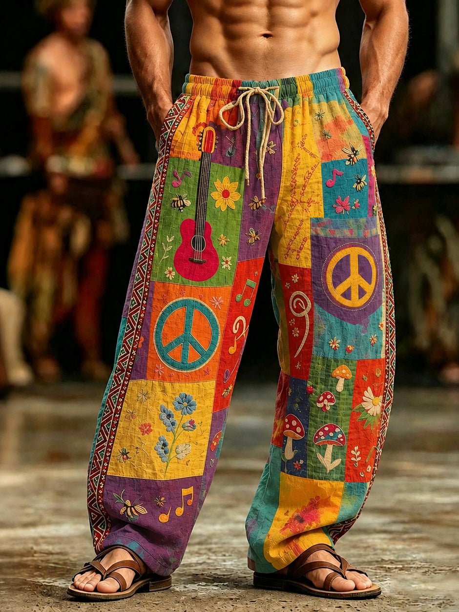 Patchwork Print Drawstring Pants, view 1
