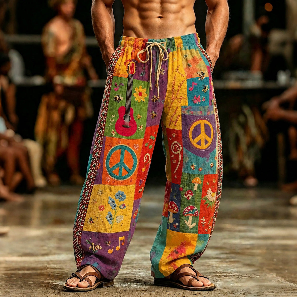 Patchwork Print Drawstring Pants, view 2