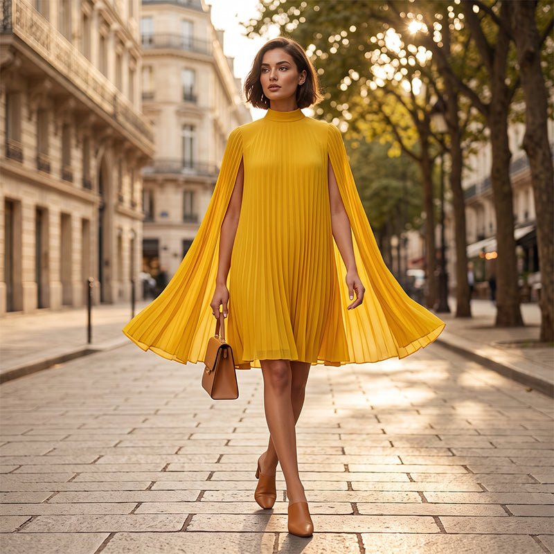 Pleated Cape Sleeve Midi Dress, view 1