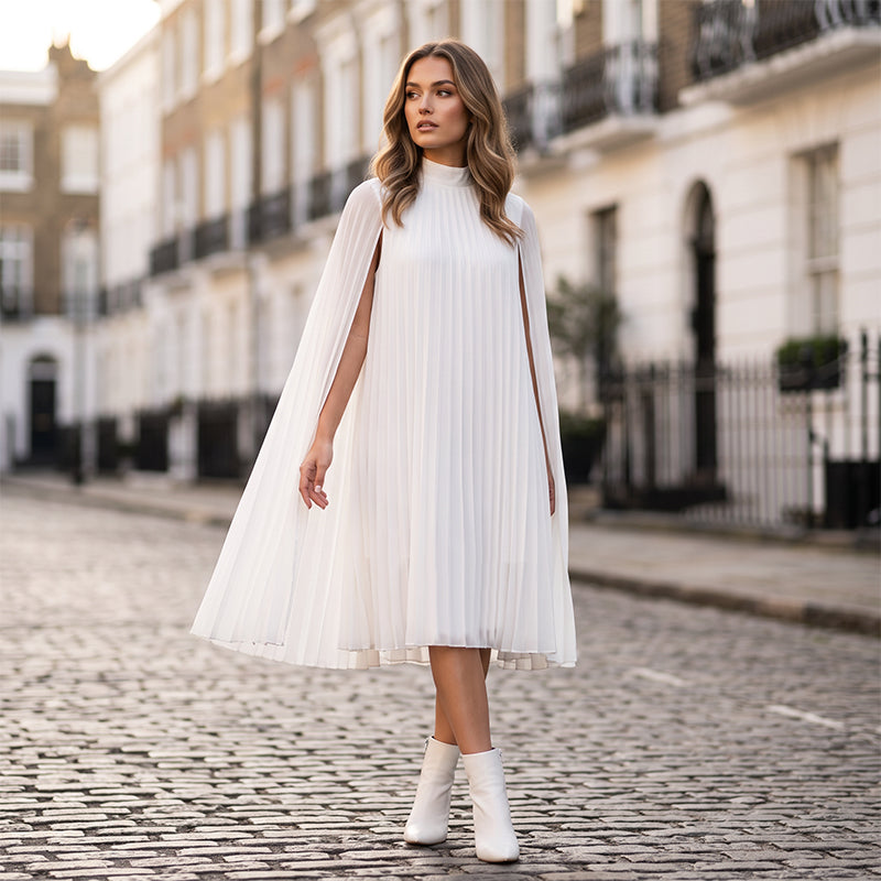Pleated Cape Sleeve Midi Dress, view 2