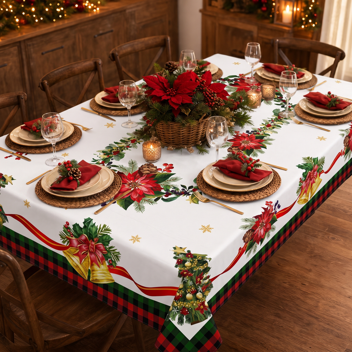Poinsettia Print Christmas Tablecloth, view 1