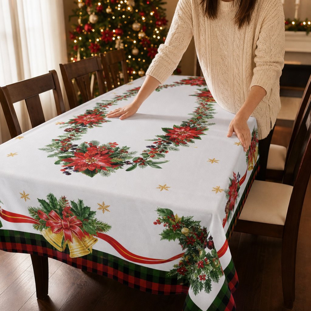 Poinsettia Print Christmas Tablecloth, view 2