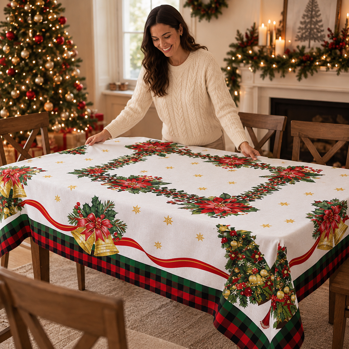 Poinsettia Print Christmas Tablecloth, view 3