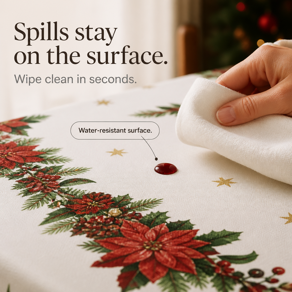 Poinsettia Print Christmas Tablecloth, view 4