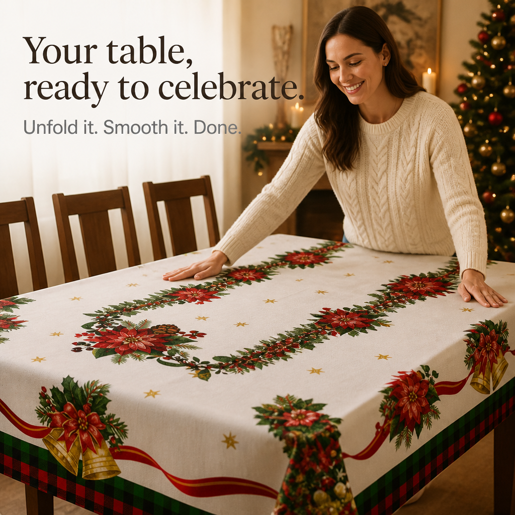 Poinsettia Print Christmas Tablecloth, view 6