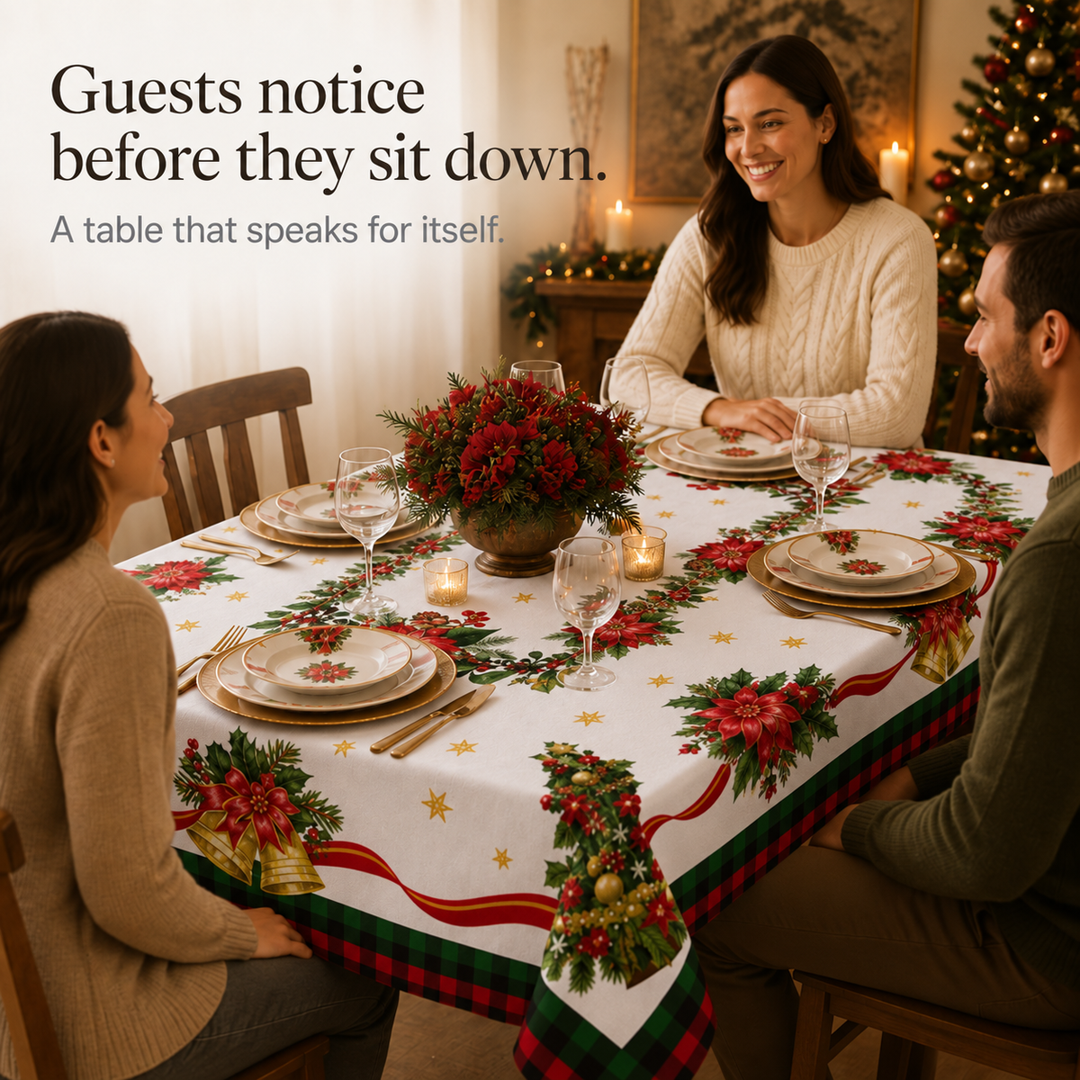 Poinsettia Print Christmas Tablecloth, view 7