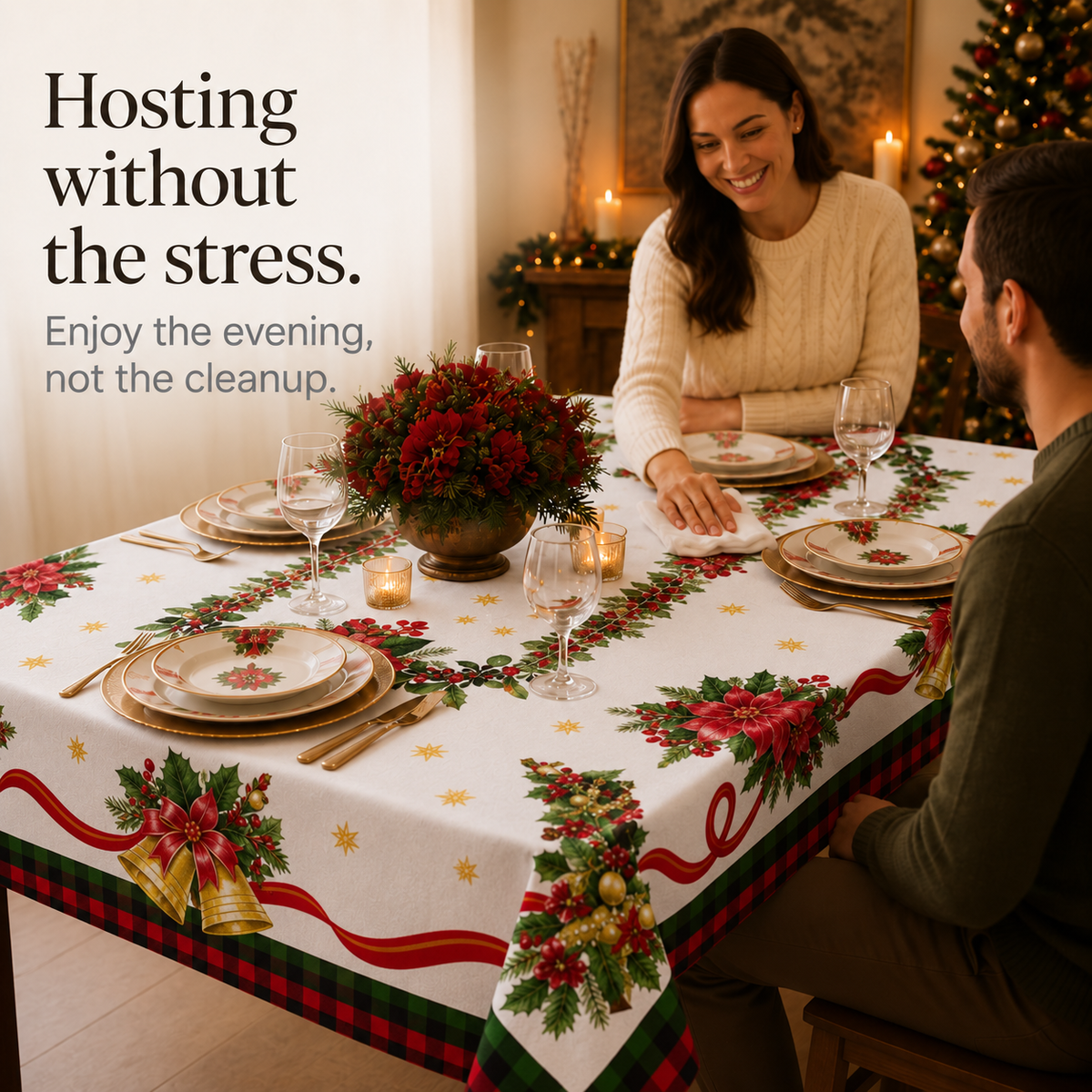Poinsettia Print Christmas Tablecloth, view 8