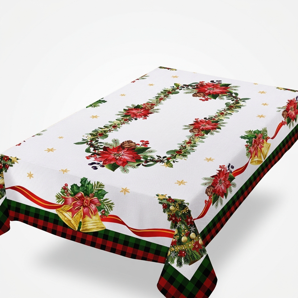 Poinsettia Print Christmas Tablecloth, Poinsettia Wreath