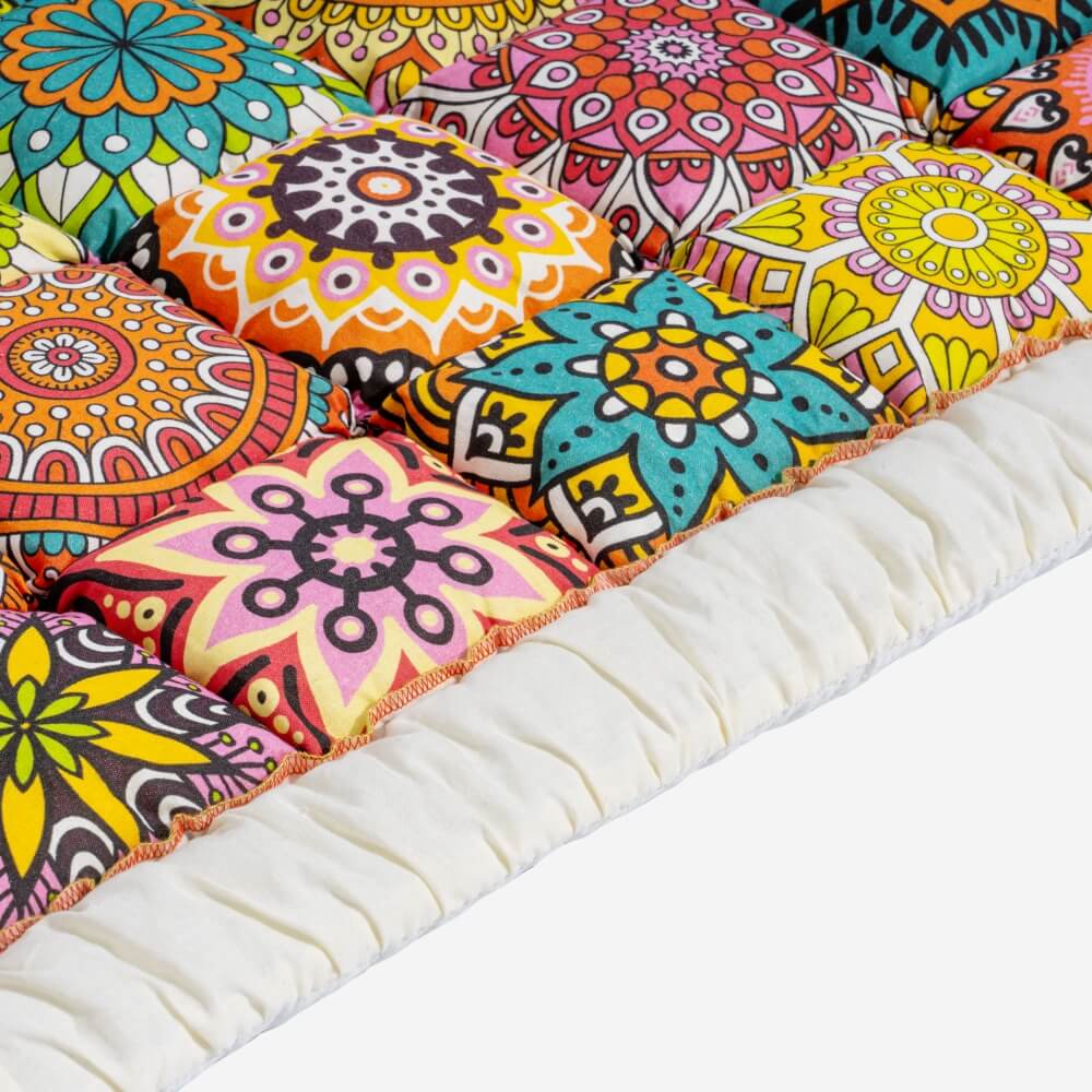 Close up of the quilted Bohemia print squares and ruffled edge