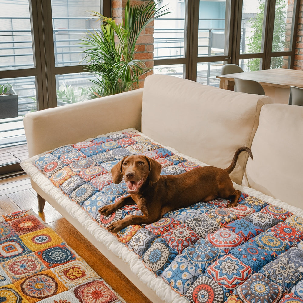 Quilted Patchwork Couch Cover in moroccan blue