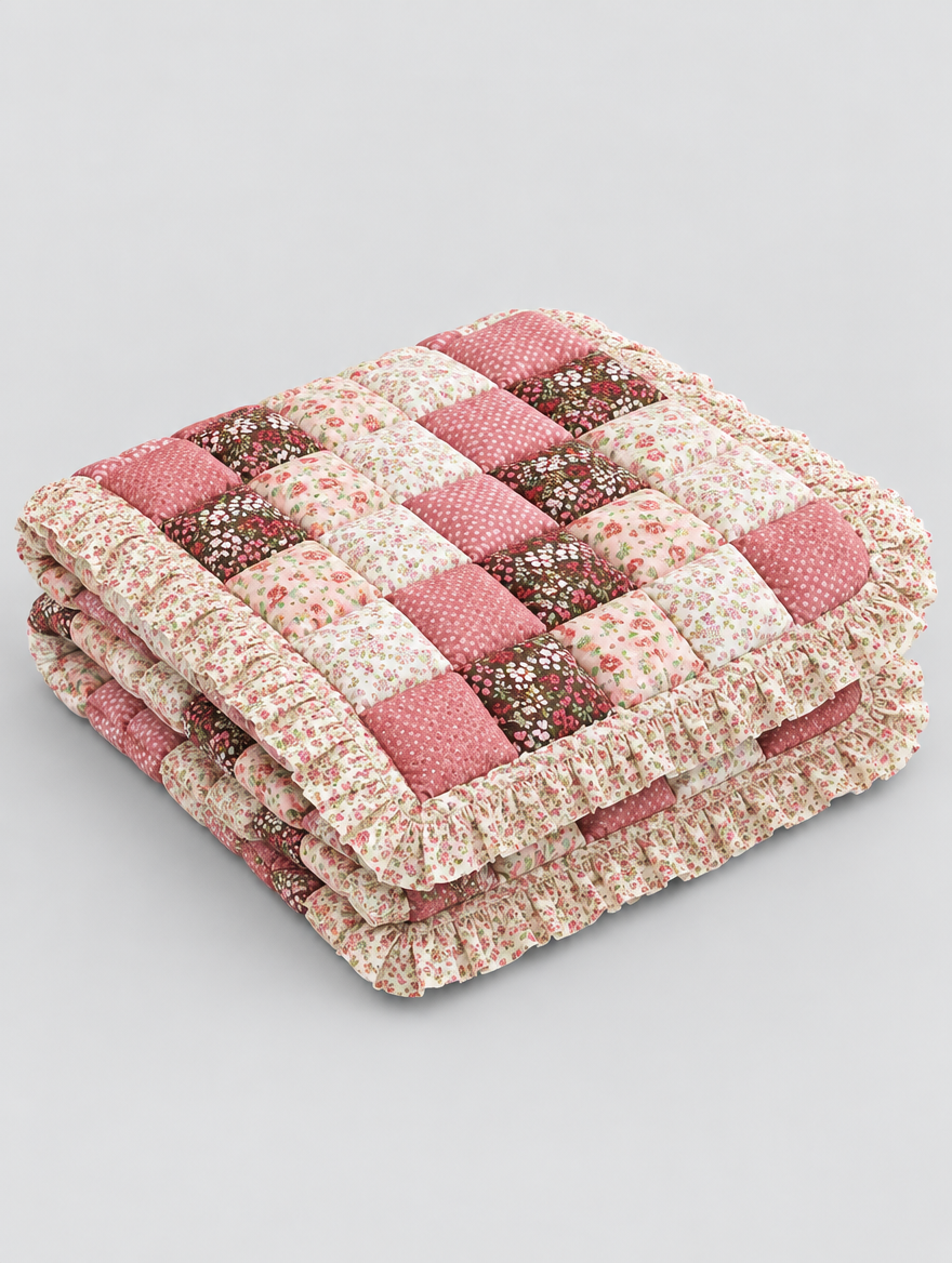 Quilted Patchwork Couch Cover in rose, folded on a light grey background